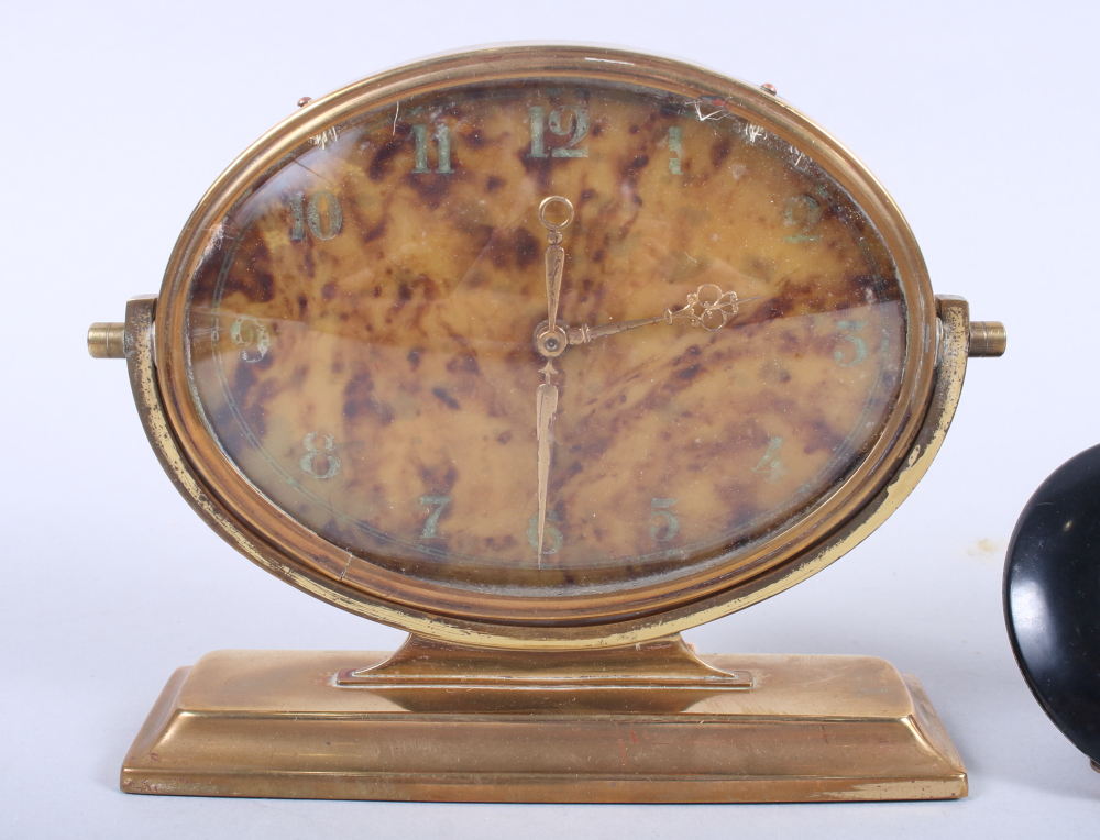 An Art Deco brass cased mantel clock with faux tortoiseshell dial, a brass cased travel alarm - Image 2 of 3