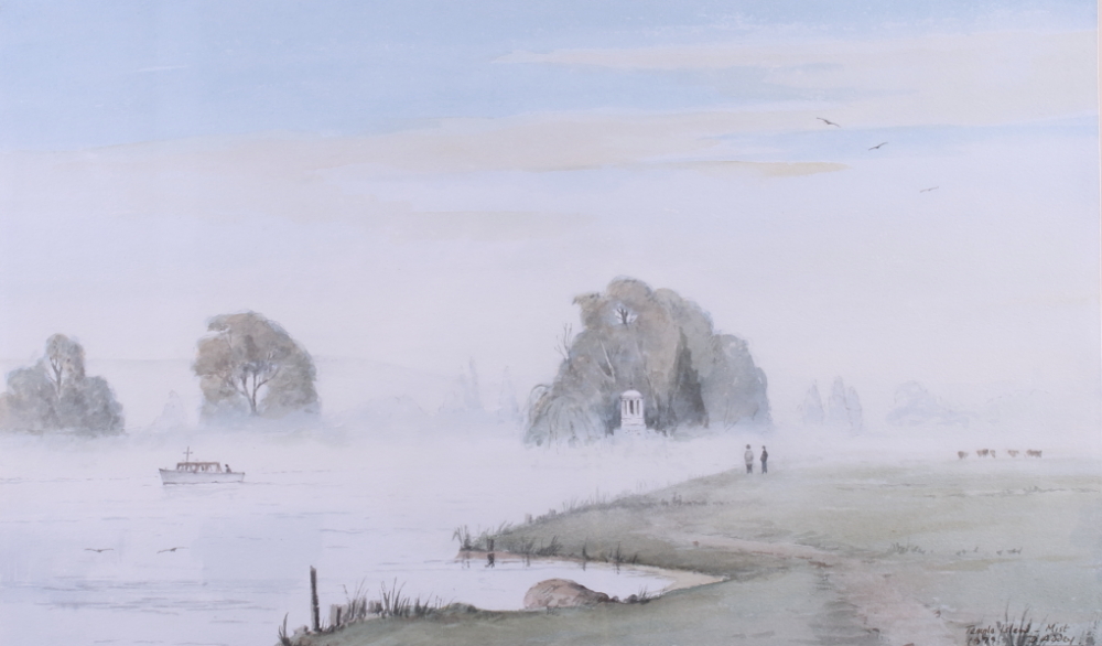 David Addey: watercolours, "Mist at Temple Island", 8 1/2" x 14", in strip frame, and a Peter Thomas