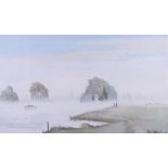 David Addey: watercolours, "Mist at Temple Island", 8 1/2" x 14", in strip frame, and a Peter Thomas