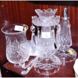 Three cut glass table lamps and two cut glass table lustres