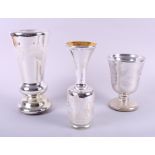 A Varnish & Co type enamelled silvered glass vase, 9" high, a smaller similar goblet with engraved