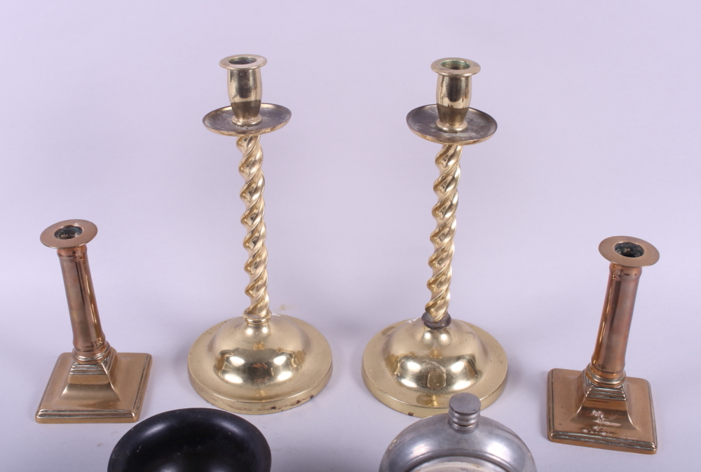 A pair of 18th century brass candlesticks, a pair of barley twist candlesticks, a brass dish, a - Image 2 of 4