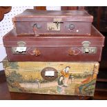 A Chinese hand-painted document box with brass carry handles, and two leather attache cases (for
