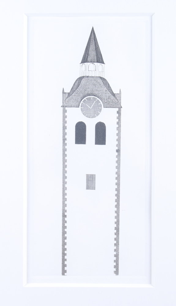 David Hockney: aquatint/etching 1969, "The Church Tower and the Clock" for the Six Fairy Tales