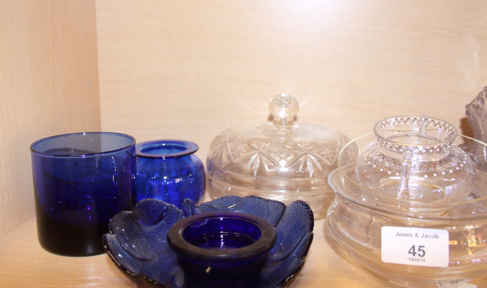 Two opaque twist stem candlesticks and two cut glass candlesticks, two pressed glass baskets and two - Image 2 of 3