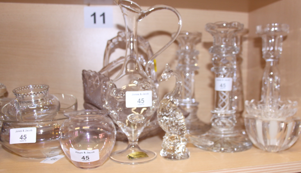 Two opaque twist stem candlesticks and two cut glass candlesticks, two pressed glass baskets and two - Image 3 of 3