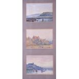 E A: a set of three watercolours, coastal landscapes with buildings, each 4 1/2" x 6 1/4", in common