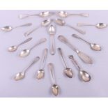 Fourteen 19th century silver teaspoons, a Victorian silver preserve spoon and a Victorian butter