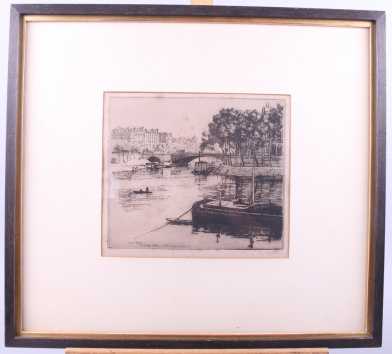 An etching, Continental waterway scene, in black and gilt frame, and three prints, including Chalk - Image 2 of 8