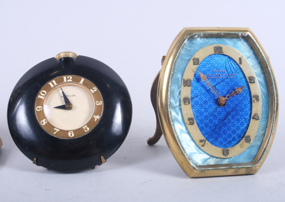 An Art Deco brass cased mantel clock with faux tortoiseshell dial, a brass cased travel alarm - Image 3 of 3