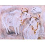 Sheila Jackson, 87: watercolour and chalk, "Cows with Garlands, India", 8" x 10 1/2", in laminated