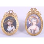 Two portrait miniatures, 18th century beauties, in gilt metal frames, 4 1/4" high