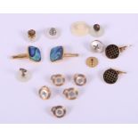 Five yellow metal and mother-of-pearl dress studs, stamped 15ct, and various other yellow metal and