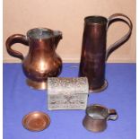 A copper jug, a taller similar jug, a brass and copper box and other items