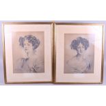 A pair of portrait prints,elegant women, in gilt strip frames