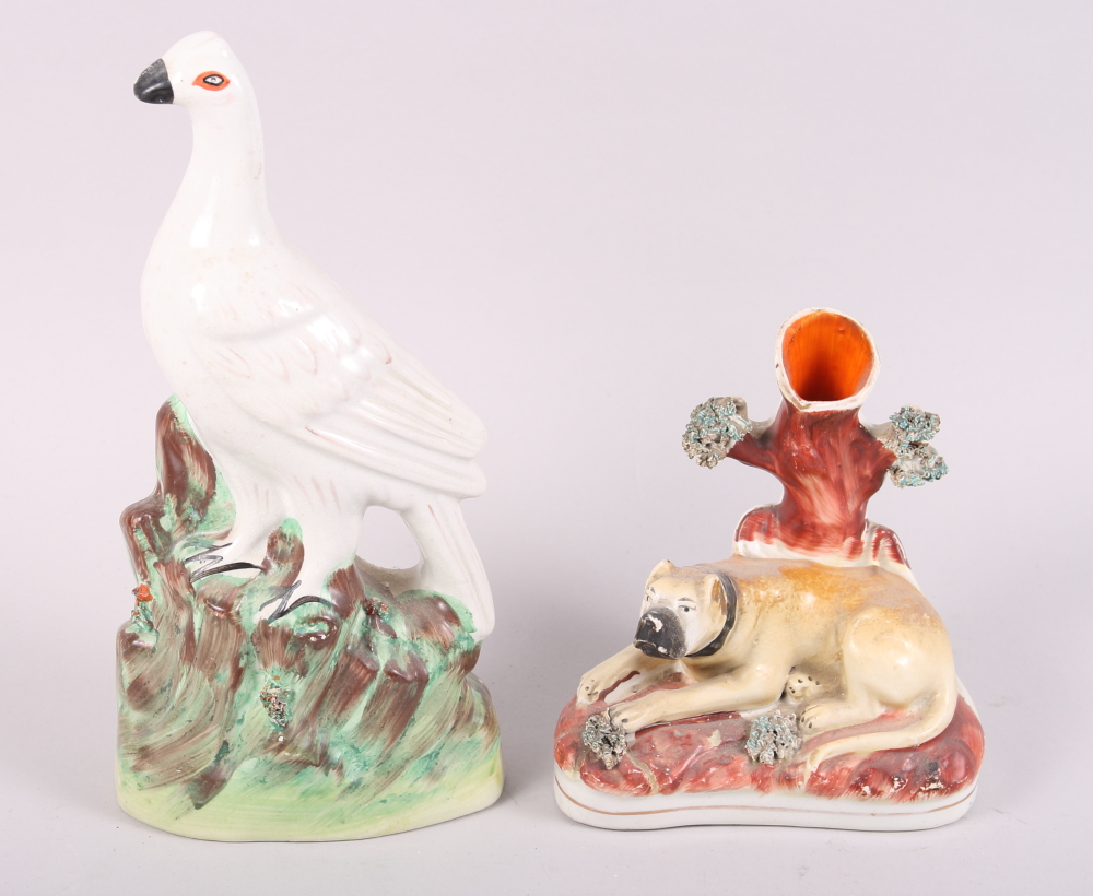 A 19th century Staffordshire spill vase with mastiff, 6" high, and a 19th century Staffordshire