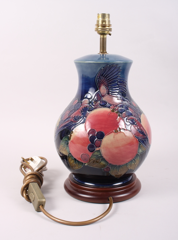 A Moorcroft "Finches" pattern lamp base, designed by Sally Tuffin, 13 12" high overall