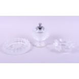 A Lalique double lion head table lighter and two Lalique ashtrays