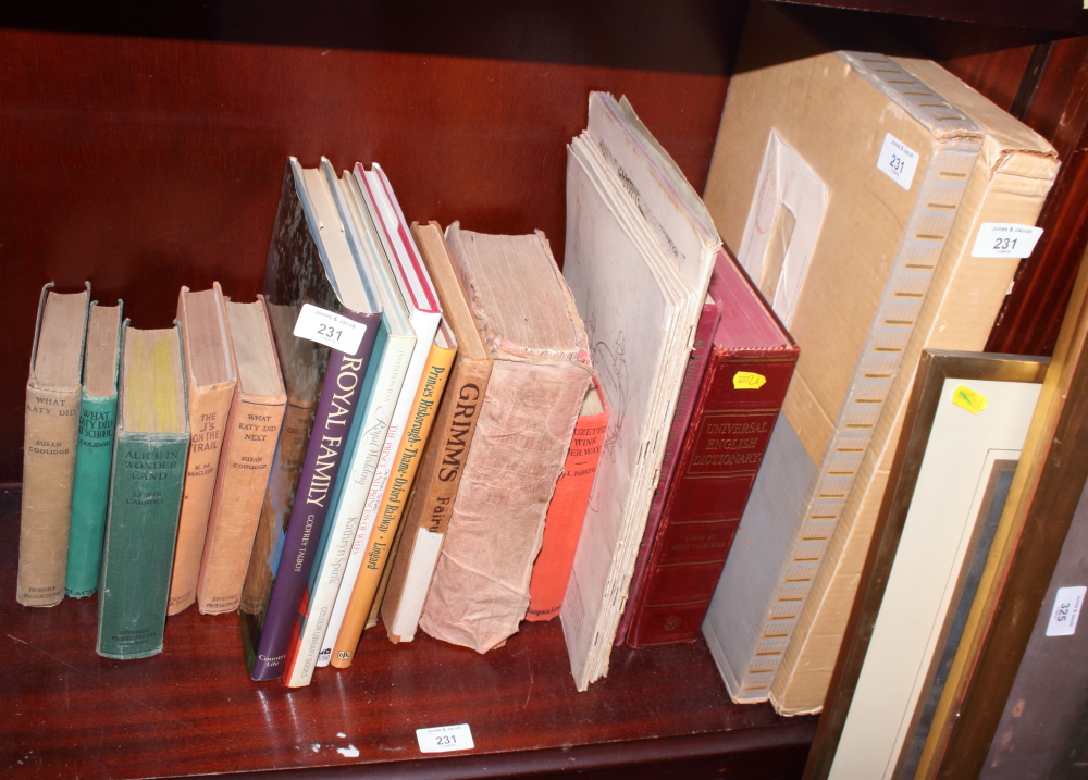 A collection of books, including a number of "What Katy Did" vols, two atlases, Royal memorabilia, a