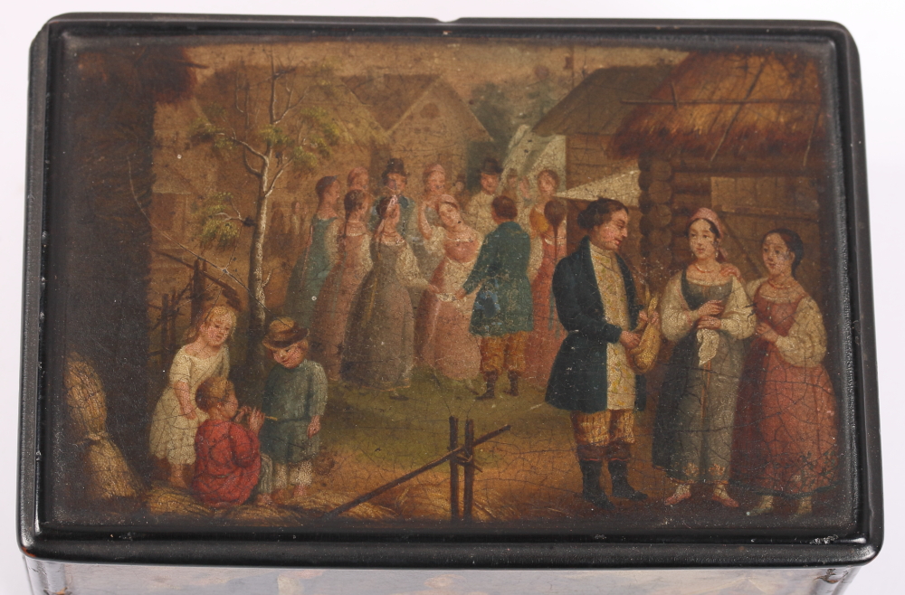A mid 19th century Russian Fedoskino? lacquer snuff box with rural scenes and Imperial crest to - Image 3 of 10