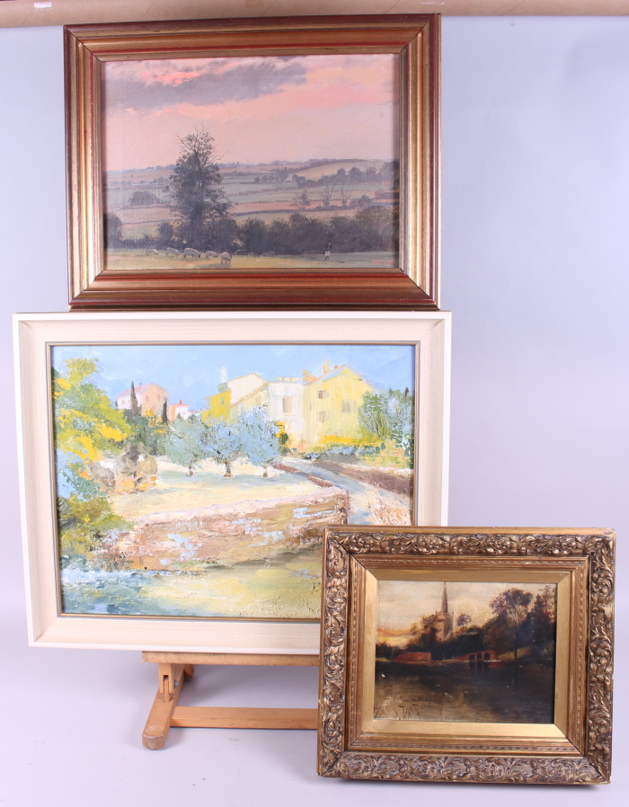 An oil on canvas, Stratford-upon-Avon with view over field, 6 1/2" x 8 1/2", and a Continental
