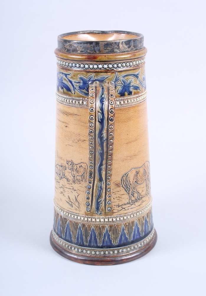 A Doulton Lambeth jug with silver rim, decorated with horses and cattle, by Hannah Barlow, 9 1/2" - Image 4 of 6