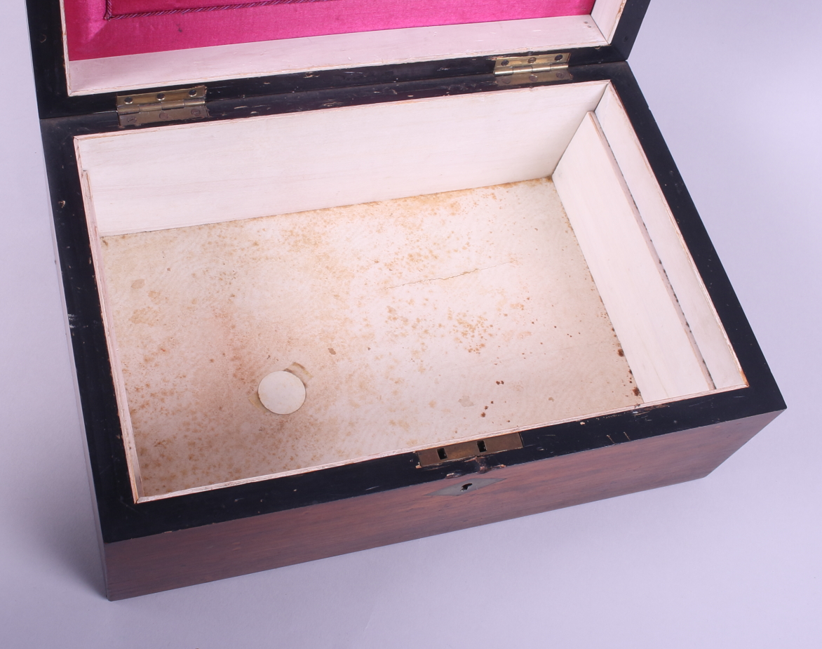 A mahogany and Tunbridge ware sewing box with string inlay and mother-of-pearl decoration, 13" - Image 4 of 4
