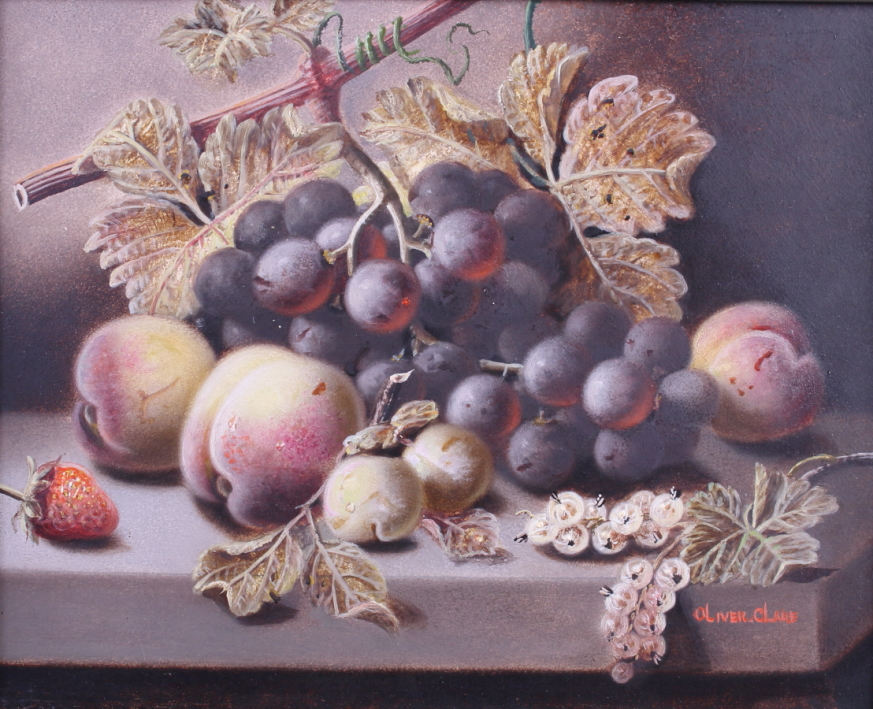 Oliver Clare: oil on board, still life of grapes, peaches and other fruit, 9" x 11 1/2", in black
