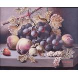 Oliver Clare: oil on board, still life of grapes, peaches and other fruit, 9" x 11 1/2", in black