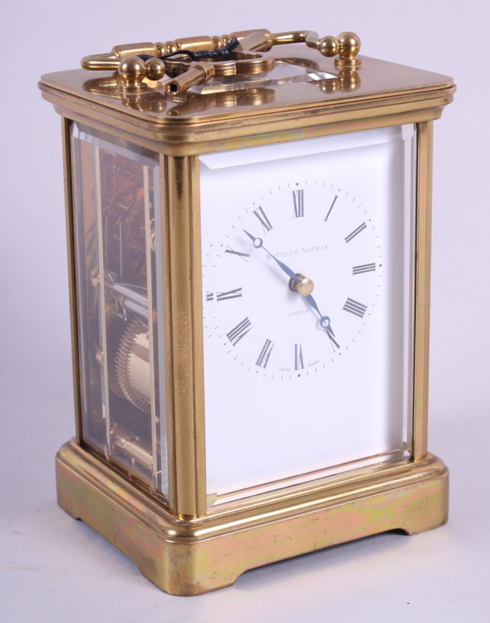 A Matthew Norman model 1750A brass cased carriage clock with eight-day striking movement, 5 1/2"