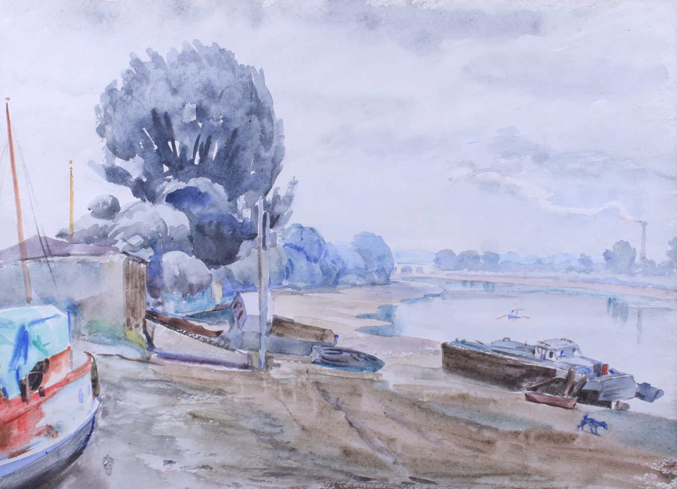 Russell Reeve: watercolours, "The Thames from Strand on the Green, 11" x 15", in strip frame