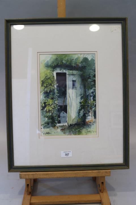 John Lidzey: watercolours, watering can, 8" x 11", and another similar, outhouse, 11" x 7 1/2", in - Image 2 of 5