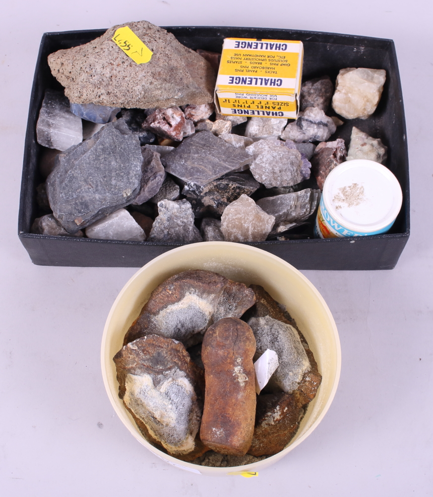 A collection of mineral and volcanic samples, including marcasite, volcanic glass, etc