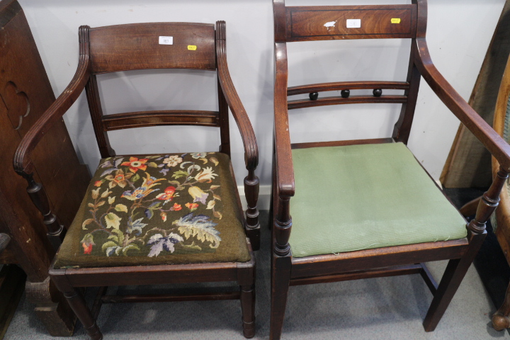 A George IV provincial mahogany carver chair with ball and bar back, drop-in seat, on stretchered