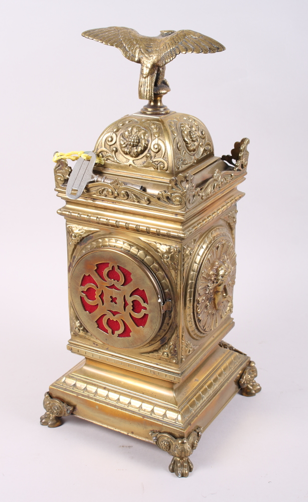 A late 19th century Renaissance Revival brass cased mantel clock with eagle surmount, 16" high - Image 4 of 6