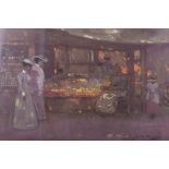 A pastel study, figure by a fruit market, 13" x 20", in gilt frame