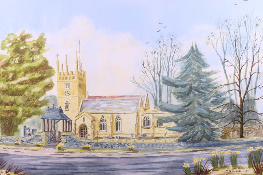T Bebbington: watercolours, Kingston-on-Soar church, 14" x 21", in gilt frame