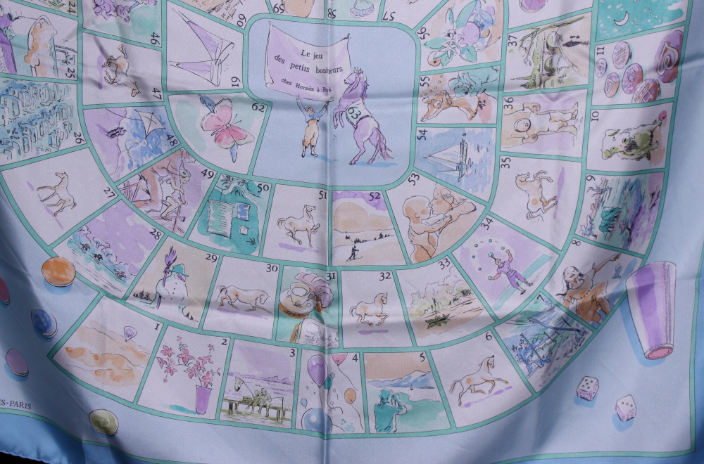 A Hermes silk "Le Jeu des Petits Bonheurs" pattern scarf, in pastel hues, complete with box and - Image 5 of 5