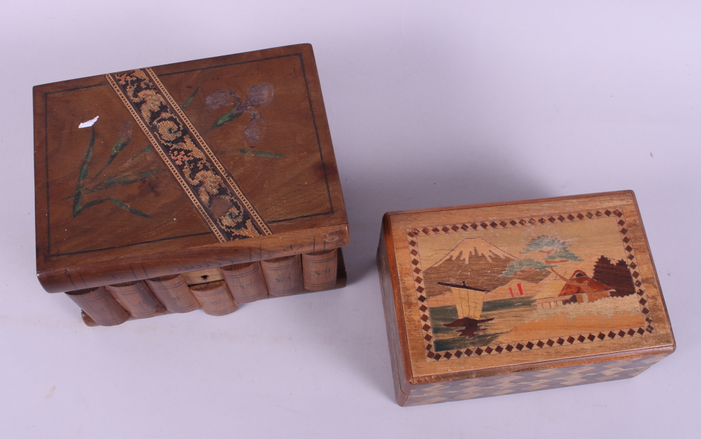 An early 20th century olive wood and "Tunbridge" banded puzzle box, 6" wide, and a Japanese - Image 2 of 3