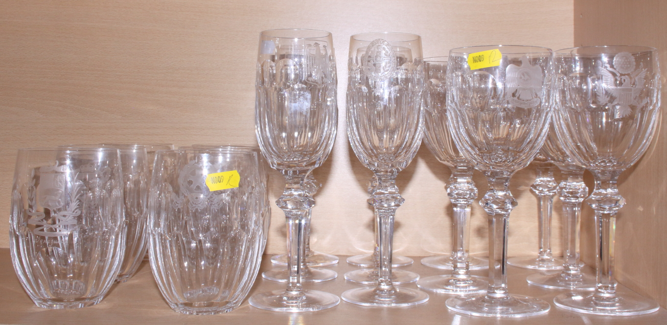A Waterford "Curraghmore" pattern cut glass part table service for six with etched decoration of
