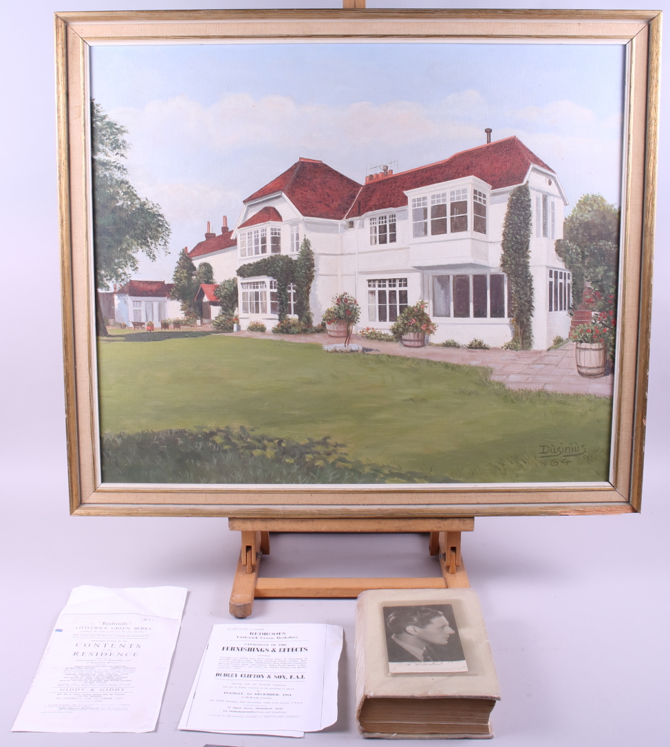 Dusinius: oil on canvas, Red Roofs, 21" x 25 1/2", in gilt frame, a companion vol,"Ivor" by W