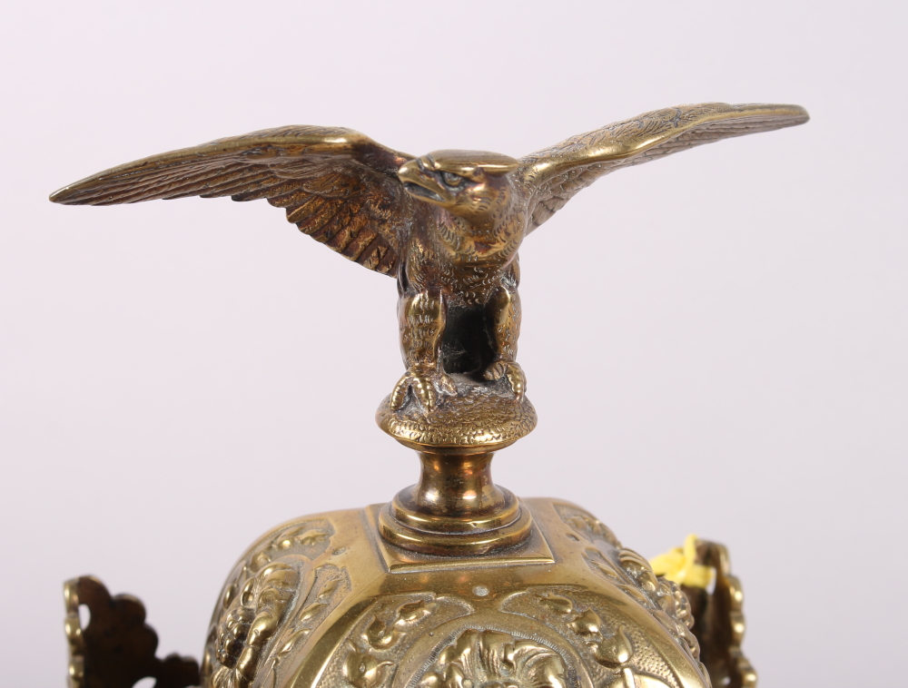 A late 19th century Renaissance Revival brass cased mantel clock with eagle surmount, 16" high - Image 3 of 6