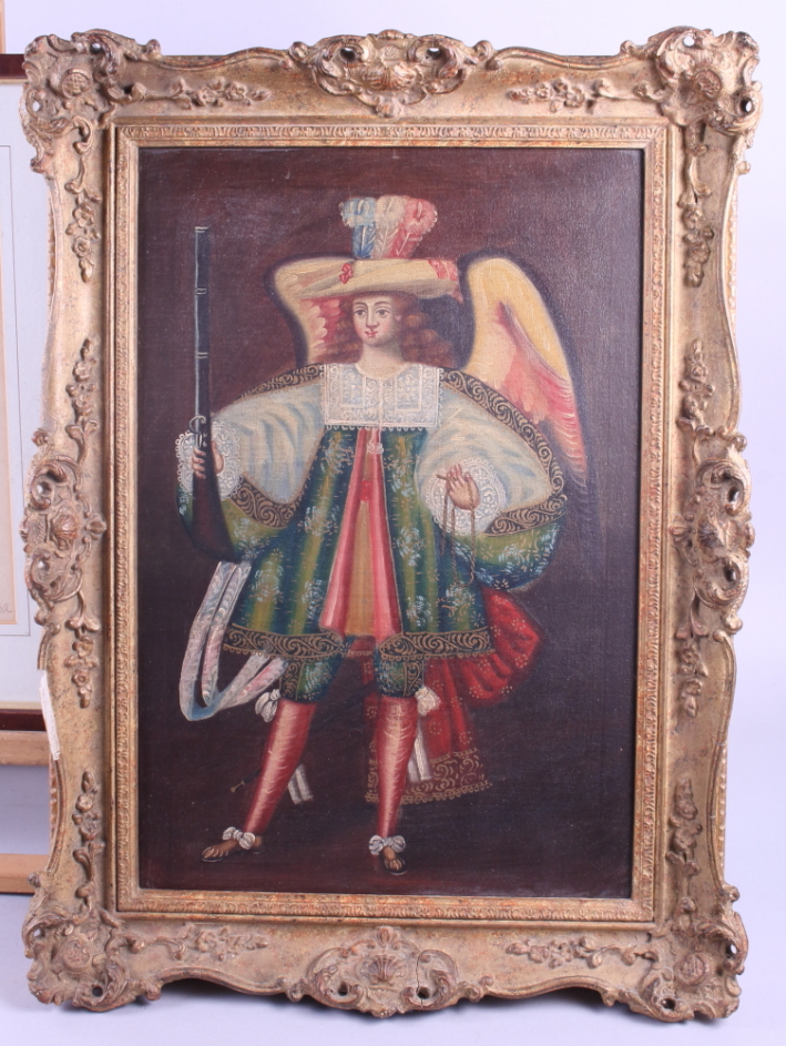 An oil on canvas faced board, a Cuzco Archangel with arquebus, 17 1/4" x 11 1/2", in gilt frame - Image 2 of 2