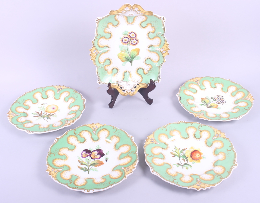 A 19th century part dessert service with botanical decoration (restoration to one plate)