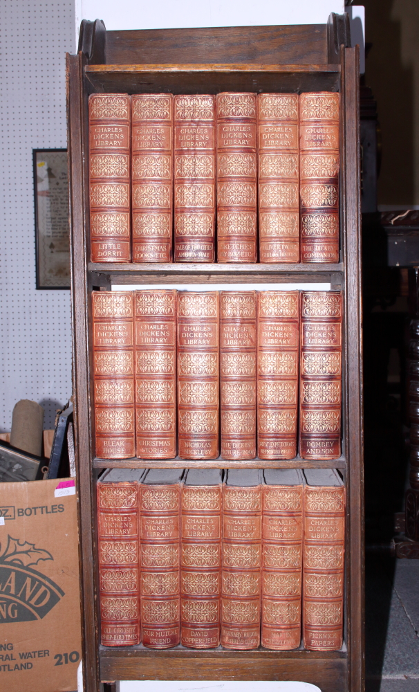 Charles Dickens Library, 18 vols with 1200 illustrations, in fitted oak open bookcase