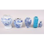 A Chinese blue and white baluster vase, 6 1/2" high (drilled base), two smaller blue and white vases