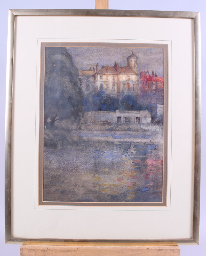 A watercolour view of a chateau from a lake, indistinctly signed, 12" x 9", in silvered frame - Image 2 of 3