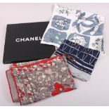 A Chanel silk snowflake pattern scarf, complete with box, and two other silk scarves by Richard
