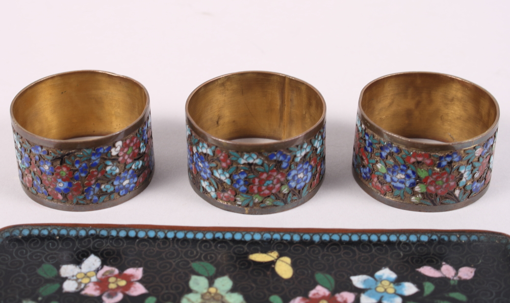 Three cloisonne napkin rings, decorated floral pattern, and a similar cloisonne pin tray, 6 3/4" - Image 2 of 3