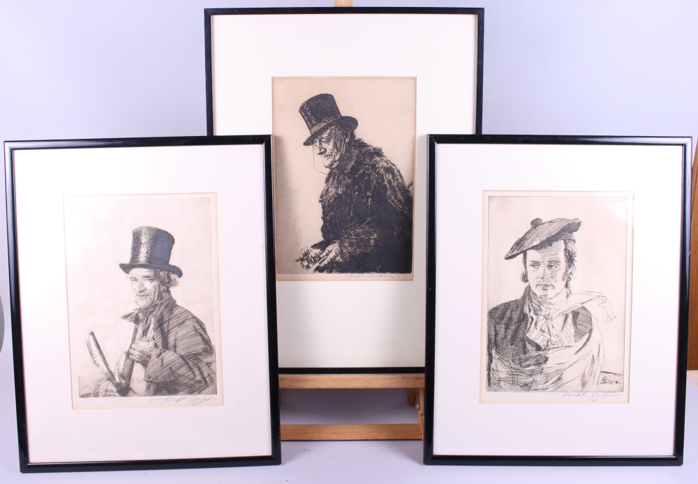 Three signed engravings, gentleman in hats, in ebonised frames